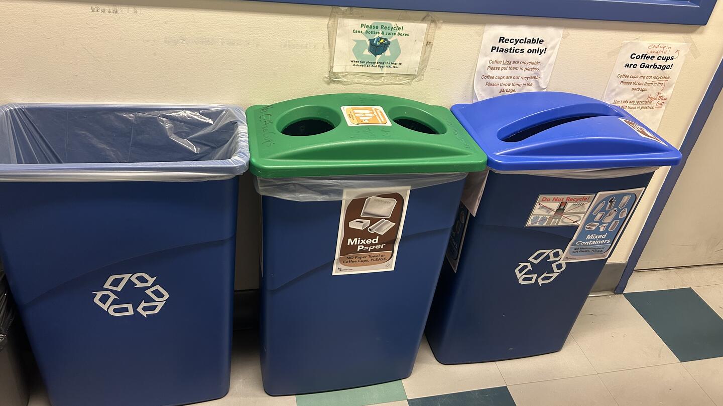 Sets of recycling bins and helpful signage can now be found throughout the HLI